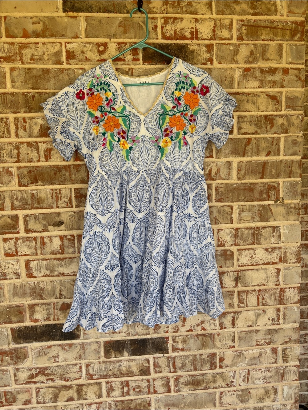 THML Light Blue Cotton Boho Babydoll Dress with‎ Crochet Trim